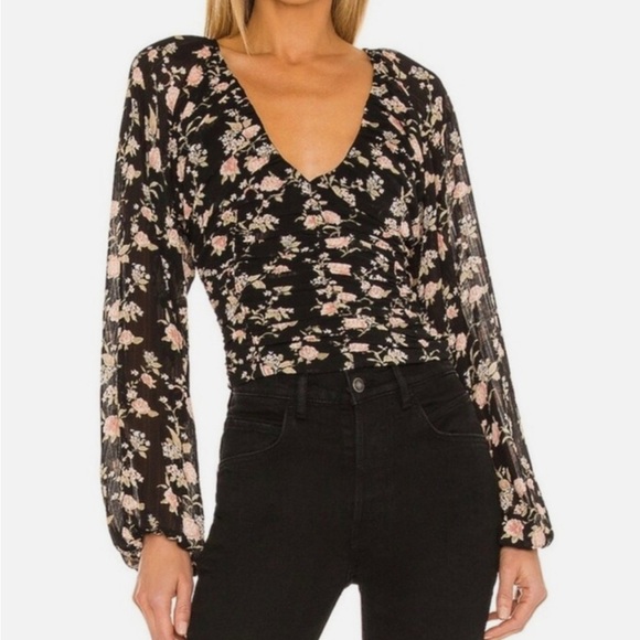Free People Tops - Free People Final Rose Black Combo Balloon Sleeve Blouse Women's Size